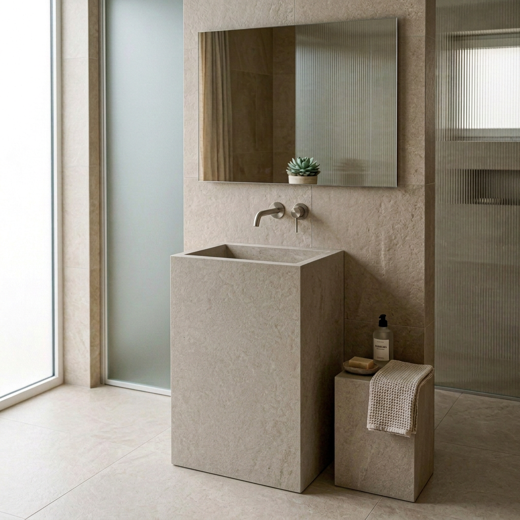 Minimalist bathroom with textured stone vanity, mirror, plant, and folded towel